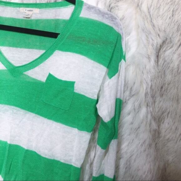 Nordstrom Caslon Linen Blend Green & White Striped Lightweight Vneck Sweater XS - Picture 6 of 8